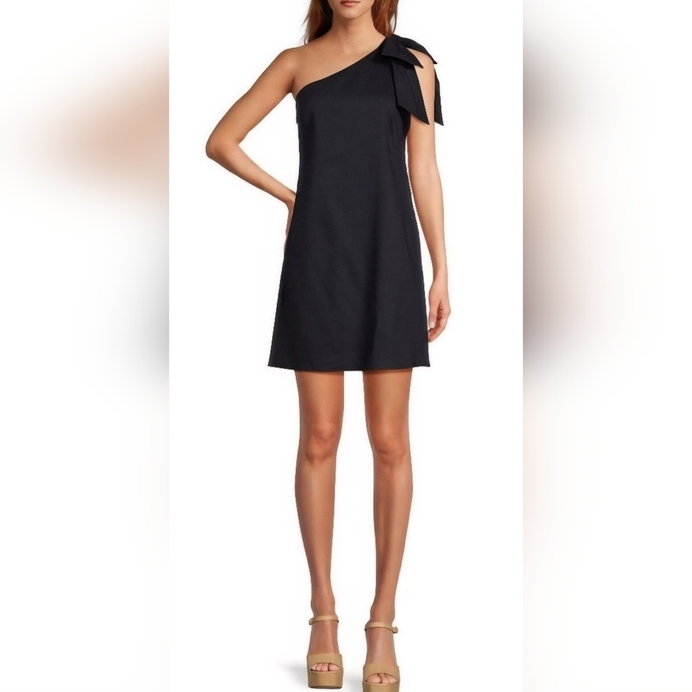 Antonio Melani One-shoulder Bow Detail Linen Mini Dress: Color- Navy: Size-12
